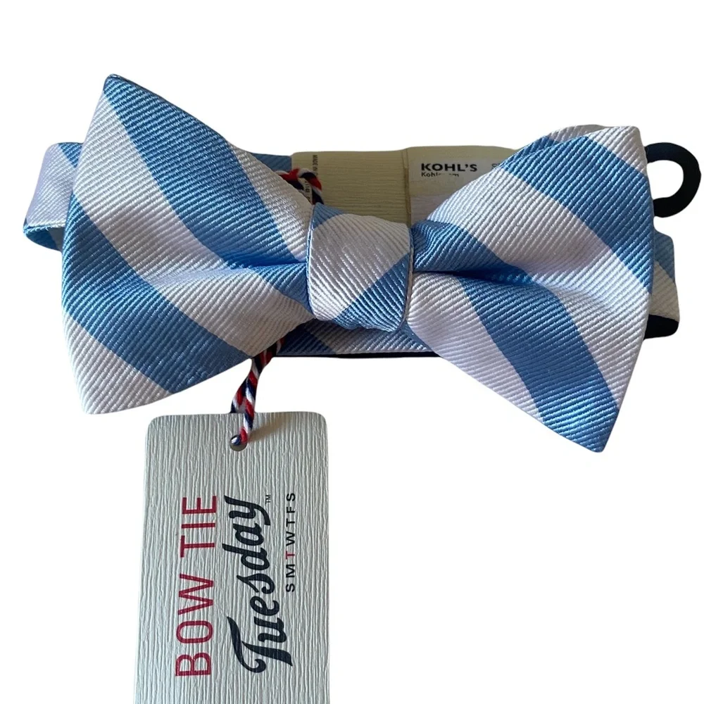 Tuesday Boys Bowtie White Blue Stripe Adjustable Neck Wear